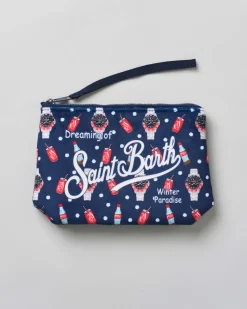 Pochette Aline blu in tessuto effetto lana con stampa orologi e cola