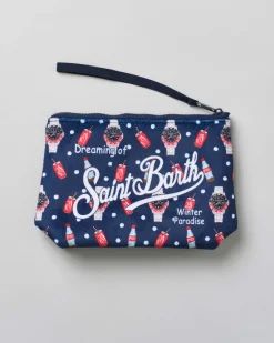 Pochette Aline blu in tessuto effetto lana con stampa orologi e cola