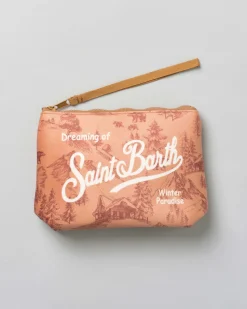 Pochette Aline cammello in tessuto effetto lana a fantasia paesaggio montano con logo bianco