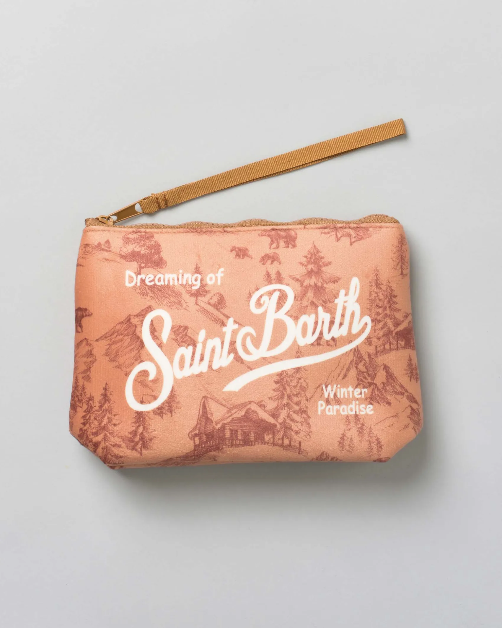 Pochette Aline cammello in tessuto effetto lana a fantasia paesaggio montano con logo bianco