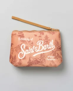 Pochette Aline cammello in tessuto effetto lana a fantasia paesaggio montano con logo bianco