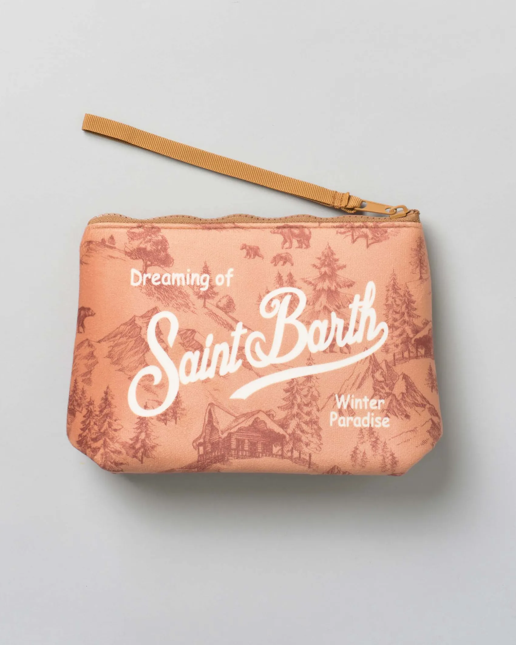 Pochette Aline cammello in tessuto effetto lana a fantasia paesaggio montano con logo bianco