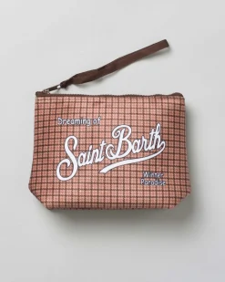 Pochette Aline color noce in tessuto a effetto lana a fantasia check e pied de poule con logo bianco stampato fronte e retro
