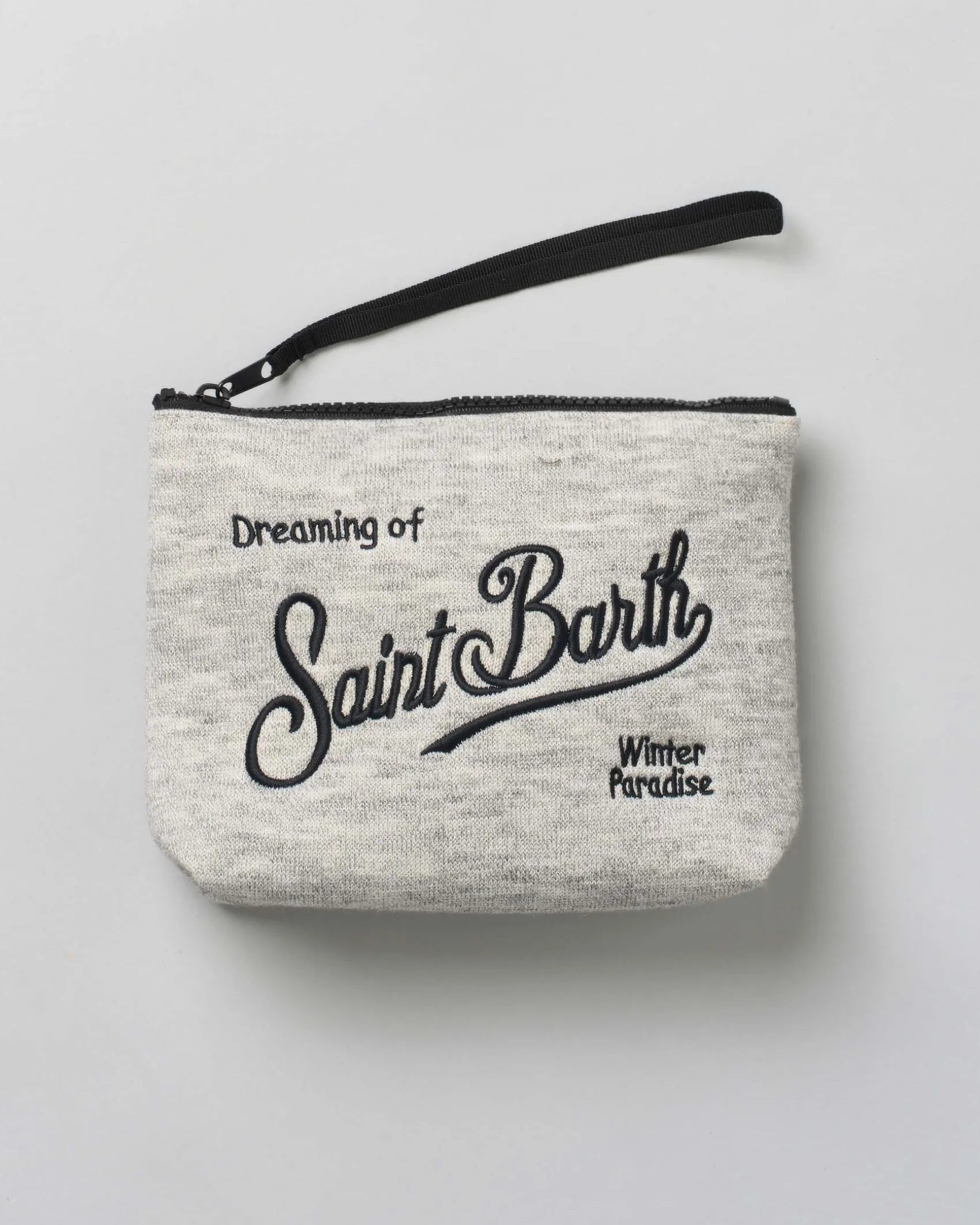 Pochette Aline grigia in tessuto a effetto lana con logo nero ricamato fronte e retro