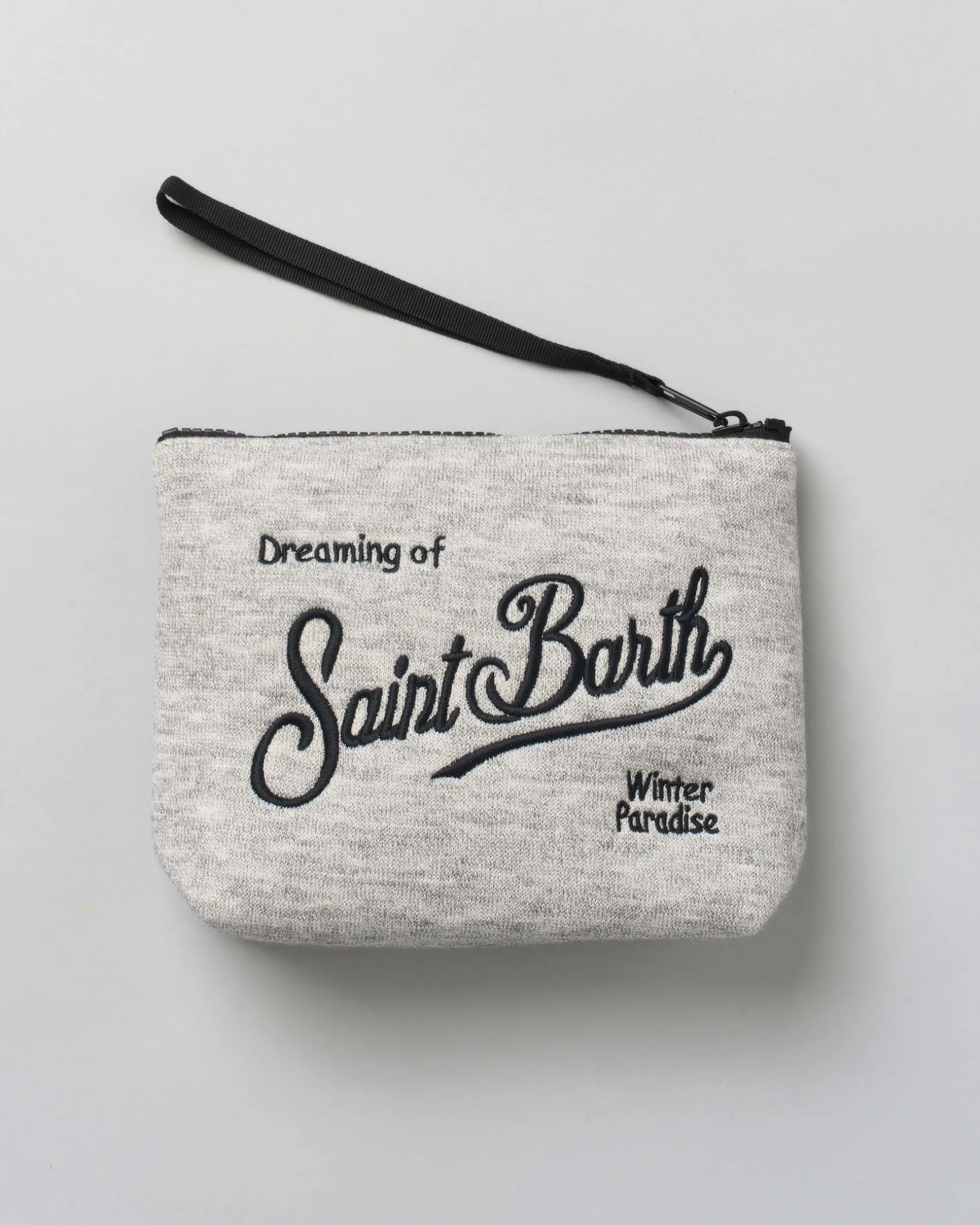 Pochette Aline grigia in tessuto a effetto lana con logo nero ricamato fronte e retro