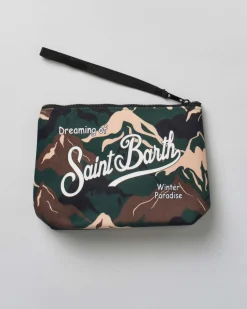 Pochette Aline in tessuto effetto lana a fantasia montagne camouflage con logo bianco