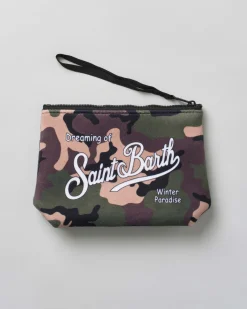Pochette Aline in tessuto effetto lana a fantasia camouflage con logo bianco