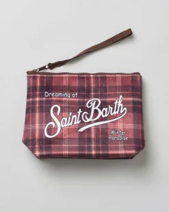 Pochette Aline marrone in tessuto a effetto lana tartan check con logo bianco stampato fronte e retro