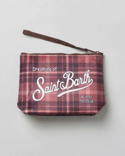 Pochette Aline marrone in tessuto a effetto lana tartan check con logo bianco stampato fronte e retro