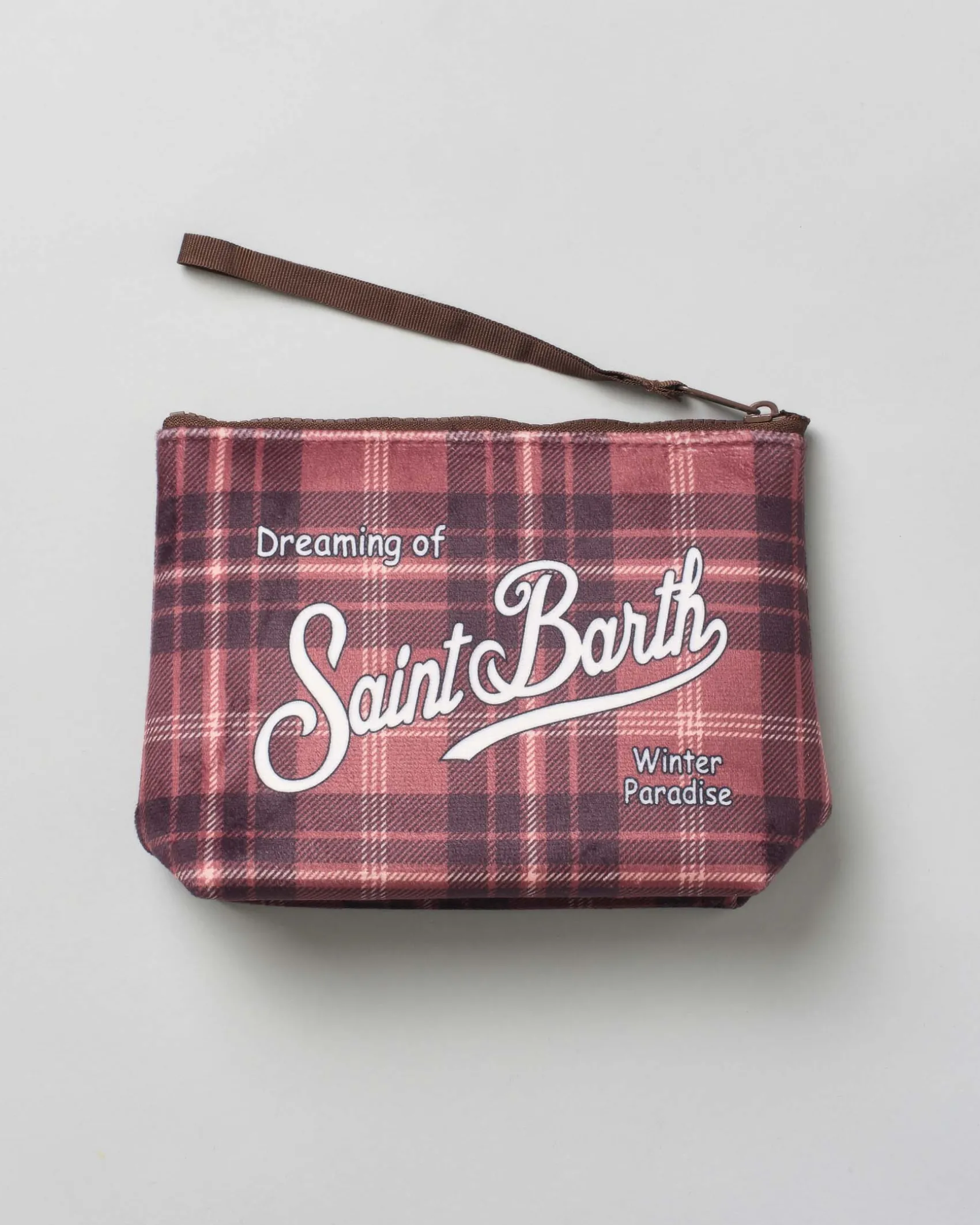 Pochette Aline marrone in tessuto a effetto lana tartan check con logo bianco stampato fronte e retro