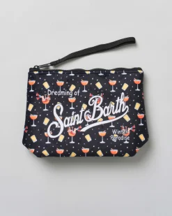 Pochette Aline nera in tessuto effetto lana con stampa grafica drink lady