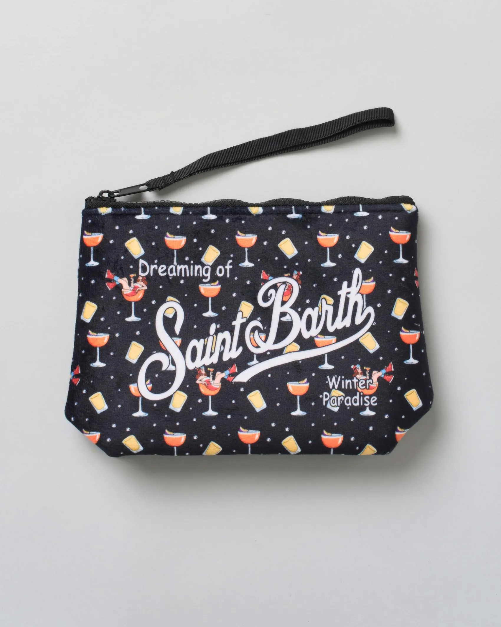 Pochette Aline nera in tessuto effetto lana con stampa grafica drink lady