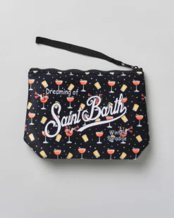 Pochette Aline nera in tessuto effetto lana con stampa grafica drink lady