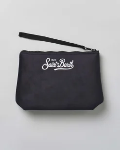 Pochette Aline nera in tessuto effetto lana a fantasia orologio