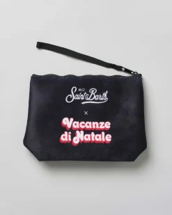 Pochette Aline nera in tessuto effetto lana con scritta E nun m'angoscià!