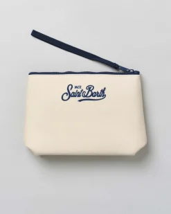 Pochette Aline panna in tessuto effetto lana con stampa scritta St.Barth Sport Club