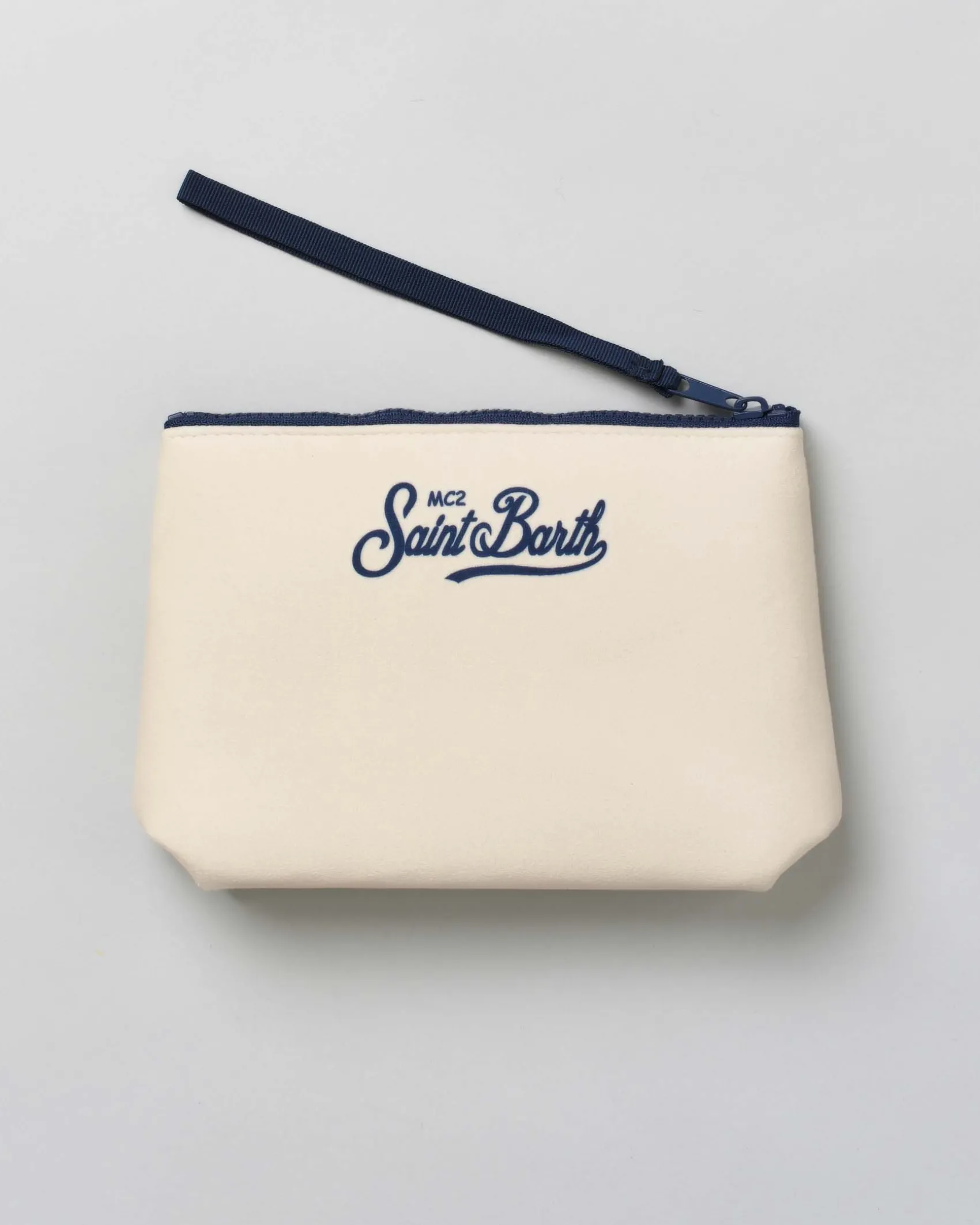 Pochette Aline panna in tessuto effetto lana con stampa scritta St.Barth Sport Club