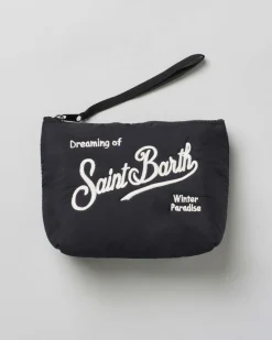Pochette Aline Puffer nera in nylon impermeabile con logo bianco ricamato fronte e retro