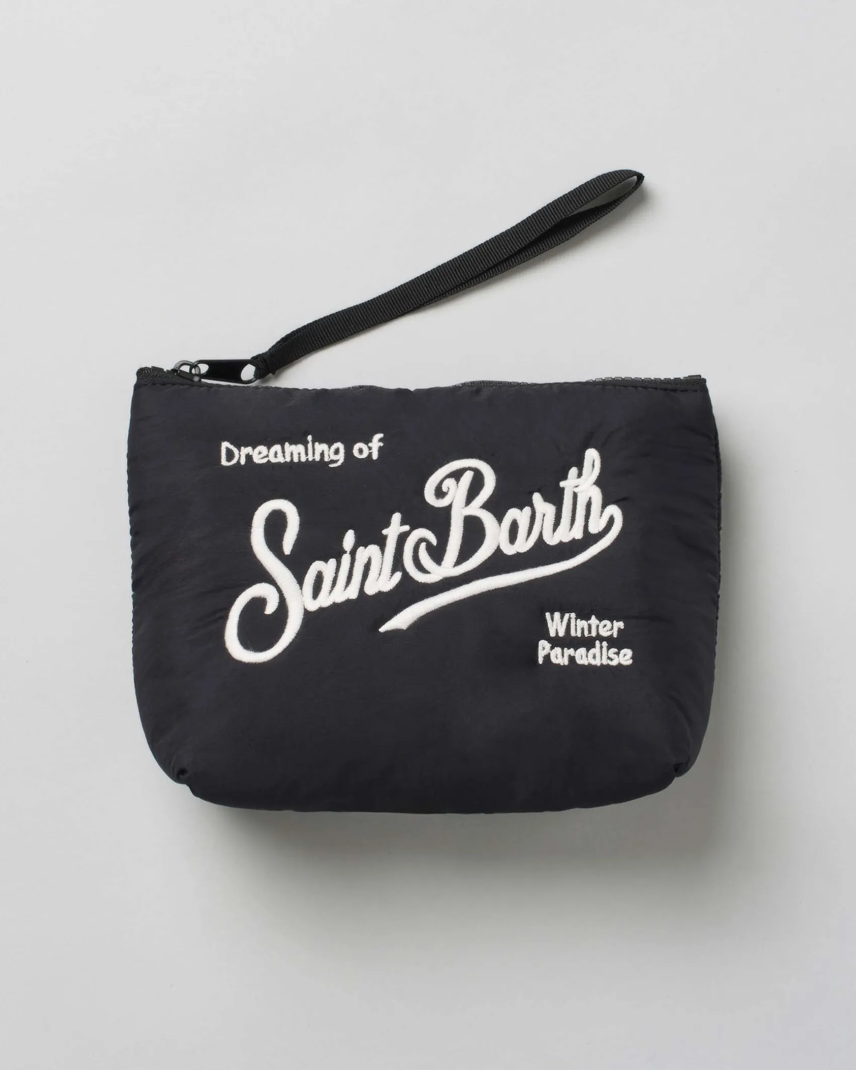 Pochette Aline Puffer nera in nylon impermeabile con logo bianco ricamato fronte e retro