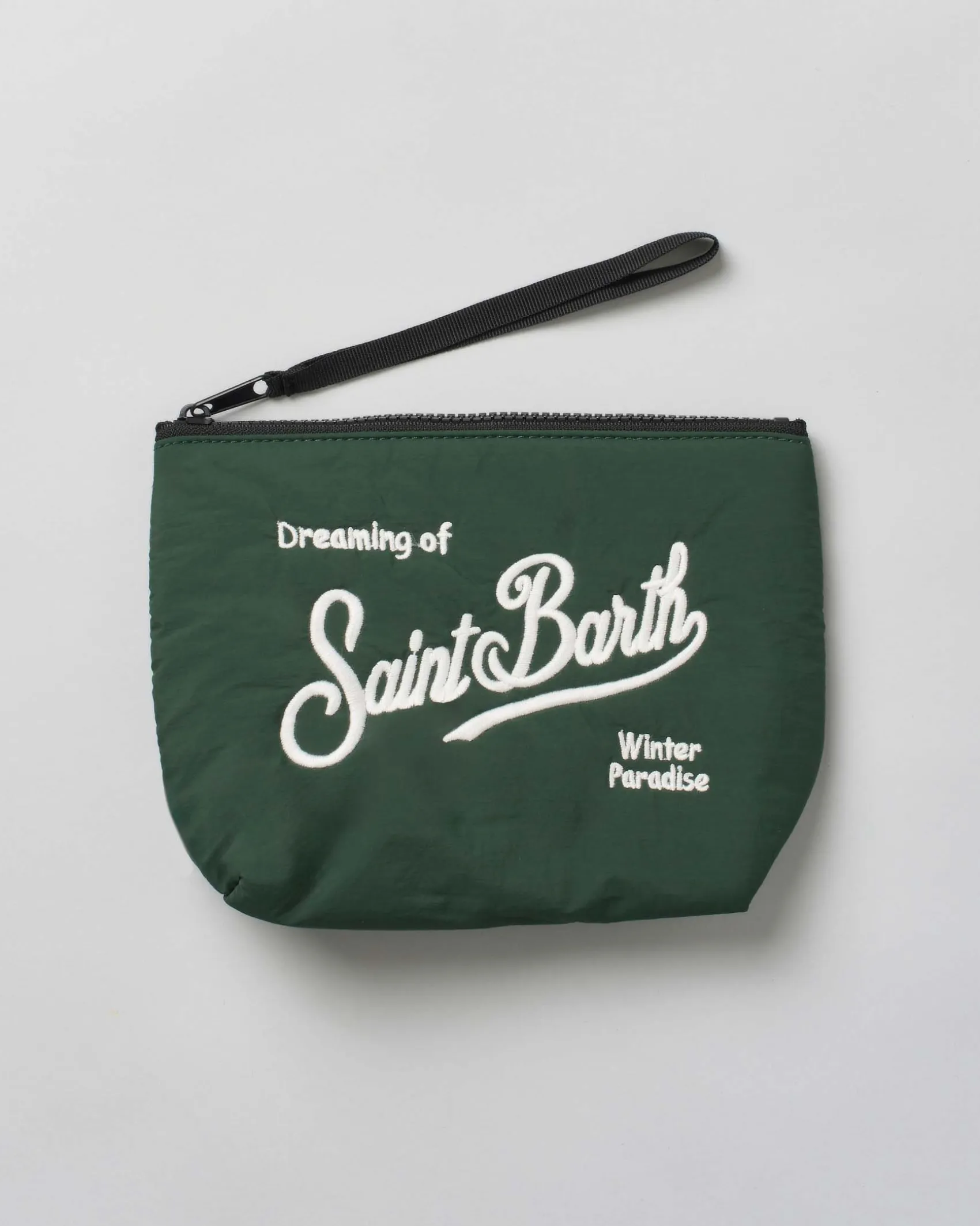 Pochette Aline Puffer verde in nylon impermeabile con logo bianco ricamato fronte e retro