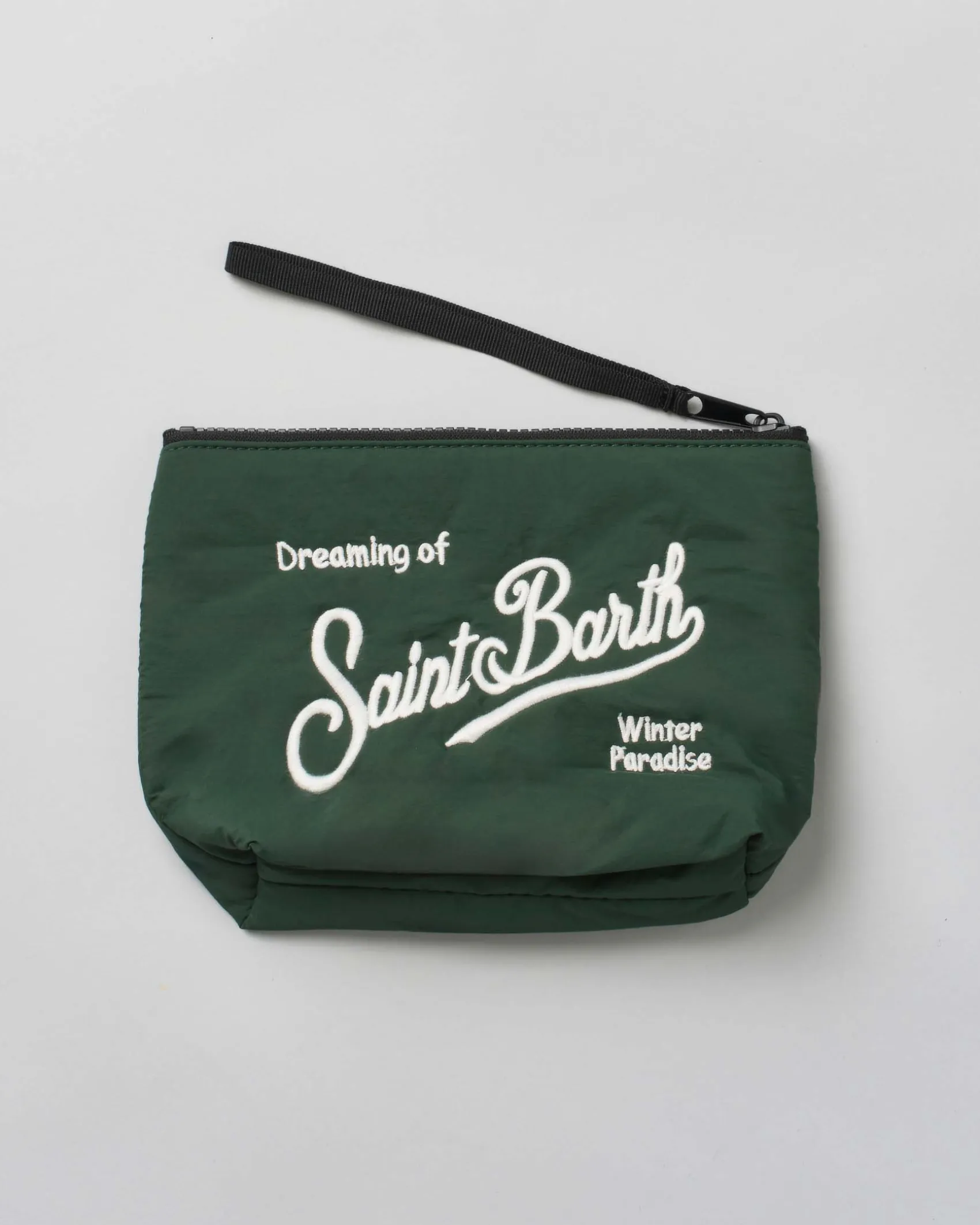 Pochette Aline Puffer verde in nylon impermeabile con logo bianco ricamato fronte e retro