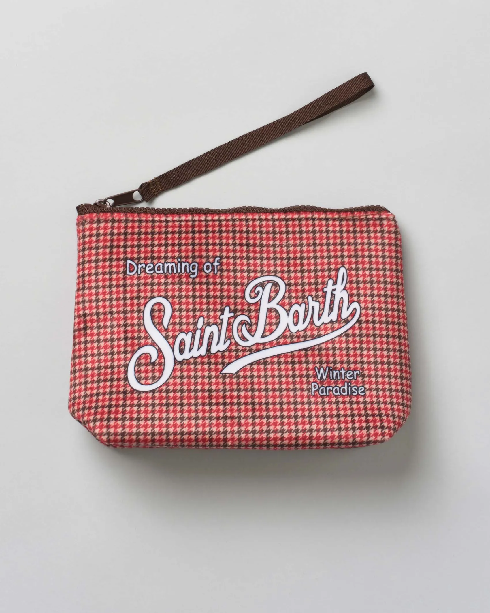 Pochette Aline rossa e marrone in tessuto a effetto lana a fantasia check e pied de poule con logo bianco stampato fronte e retro