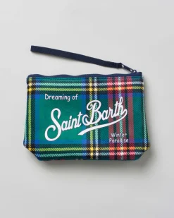 Pochette Aline verde in tessuto a effetto lana tartan check con logo bianco stampato fronte e retro