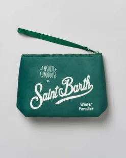 Pochette Aline verde in tessuto effetto lana con scritta Vecchio Lupo (delle nevi)