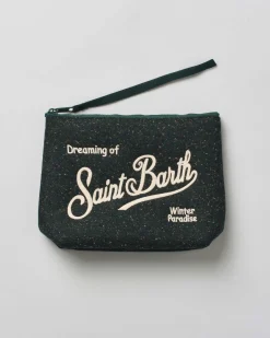 Pochette Aline verde scuro in tessuto a effetto lana bottonata con logo panna ricamato fronte e retro