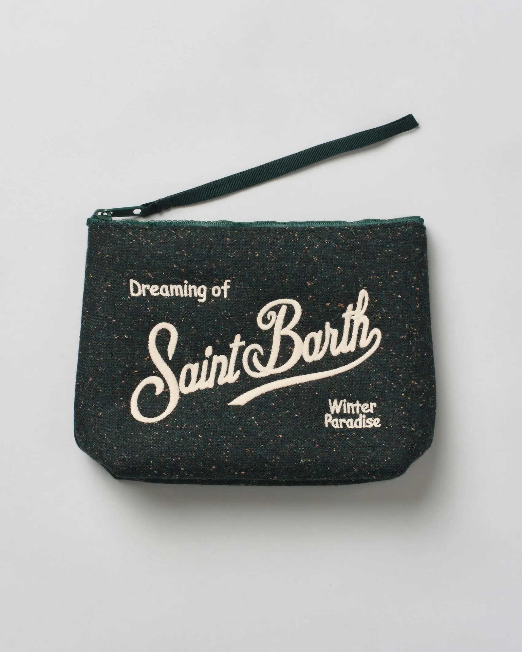 Pochette Aline verde scuro in tessuto a effetto lana bottonata con logo panna ricamato fronte e retro