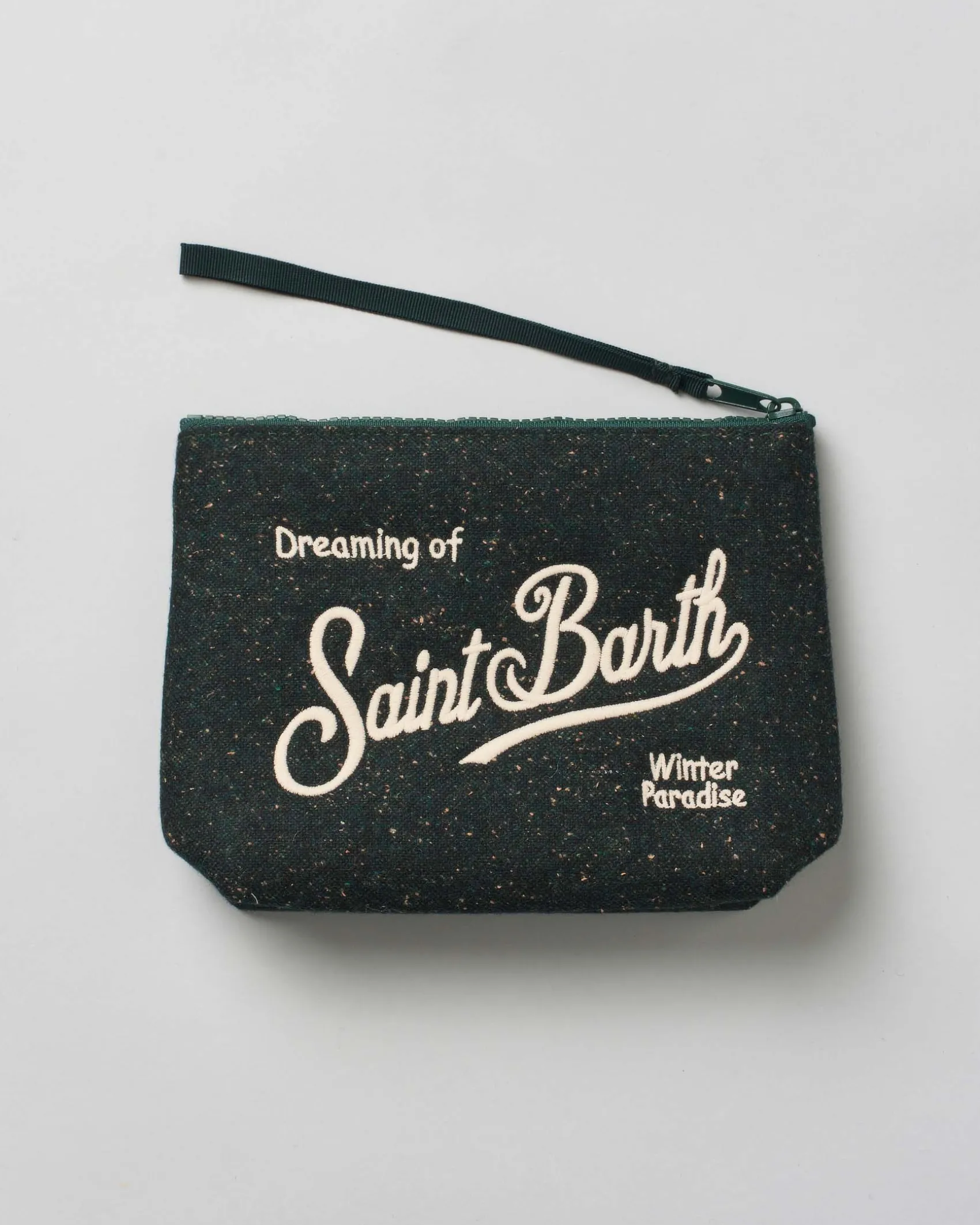 Pochette Aline verde scuro in tessuto a effetto lana bottonata con logo panna ricamato fronte e retro