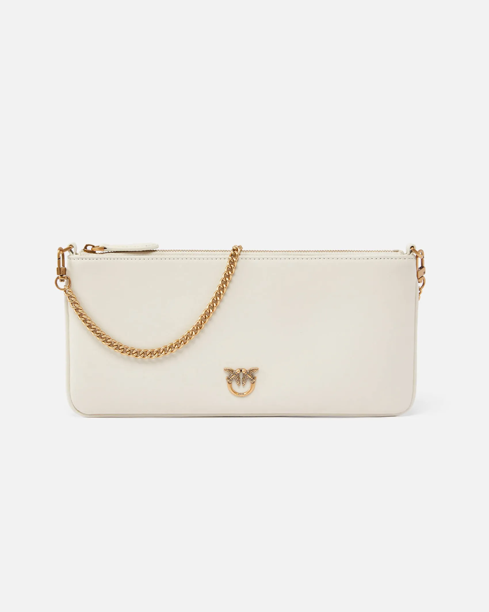 Pochette flat color avorio dalla linea allungata in pelle mano con placchetta Love Birds oro