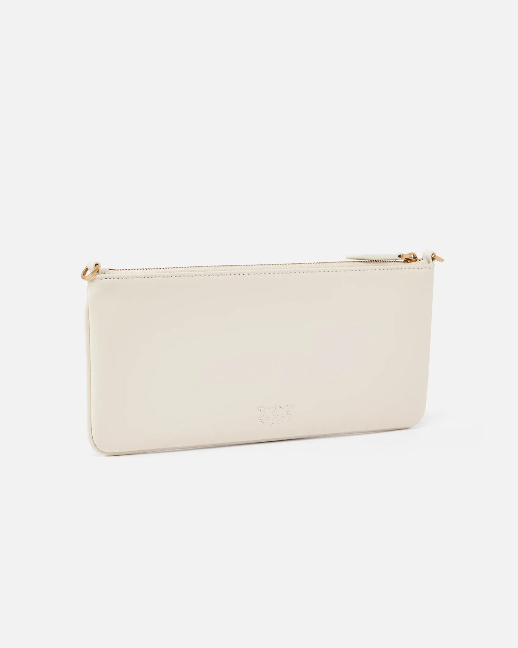 Pochette flat color avorio dalla linea allungata in pelle mano con placchetta Love Birds oro