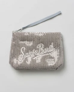 Pochette MC2 Saint Barth argento in paillettes all over con scritta logo ricamata a contrasto di colore