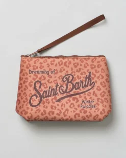 Pochette MC2 Saint Barth a fantasia animalier color cuoio effetto scuba con scritta logo stampata