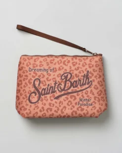 Pochette MC2 Saint Barth a fantasia animalier color cuoio effetto scuba con scritta logo stampata