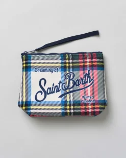 Pochette MC2 Saint Barth bianca a stampa tartan con scritta logo bianca stampata fronte e retro