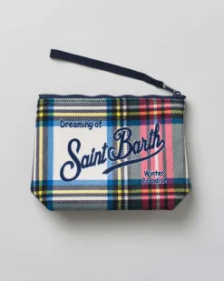 Pochette MC2 Saint Barth bianca a stampa tartan con scritta logo bianca stampata fronte e retro
