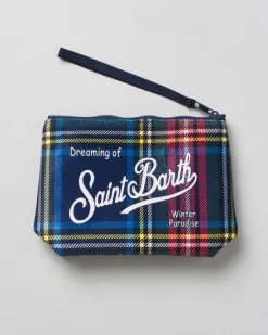 Pochette MC2 Saint Barth blu a stampa tartan con scritta logo bianca stampata fronte e retro