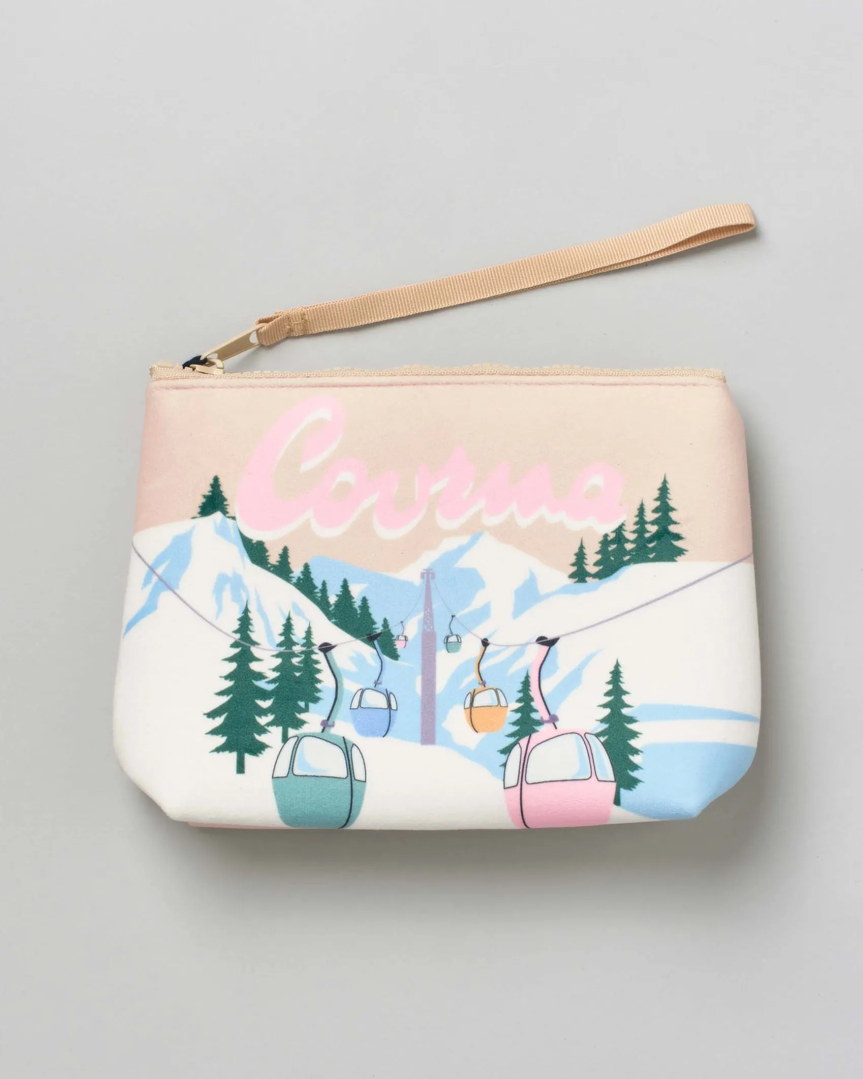 Pochette MC2 Saint Barth beige effetto scuba con paesaggio sciistico e scritta Courma