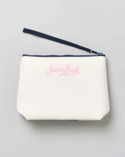 Pochette MC2 Saint Barth bianca effetto scuba con paesaggio sciistico e scritta Mi mandi fuori di pista!