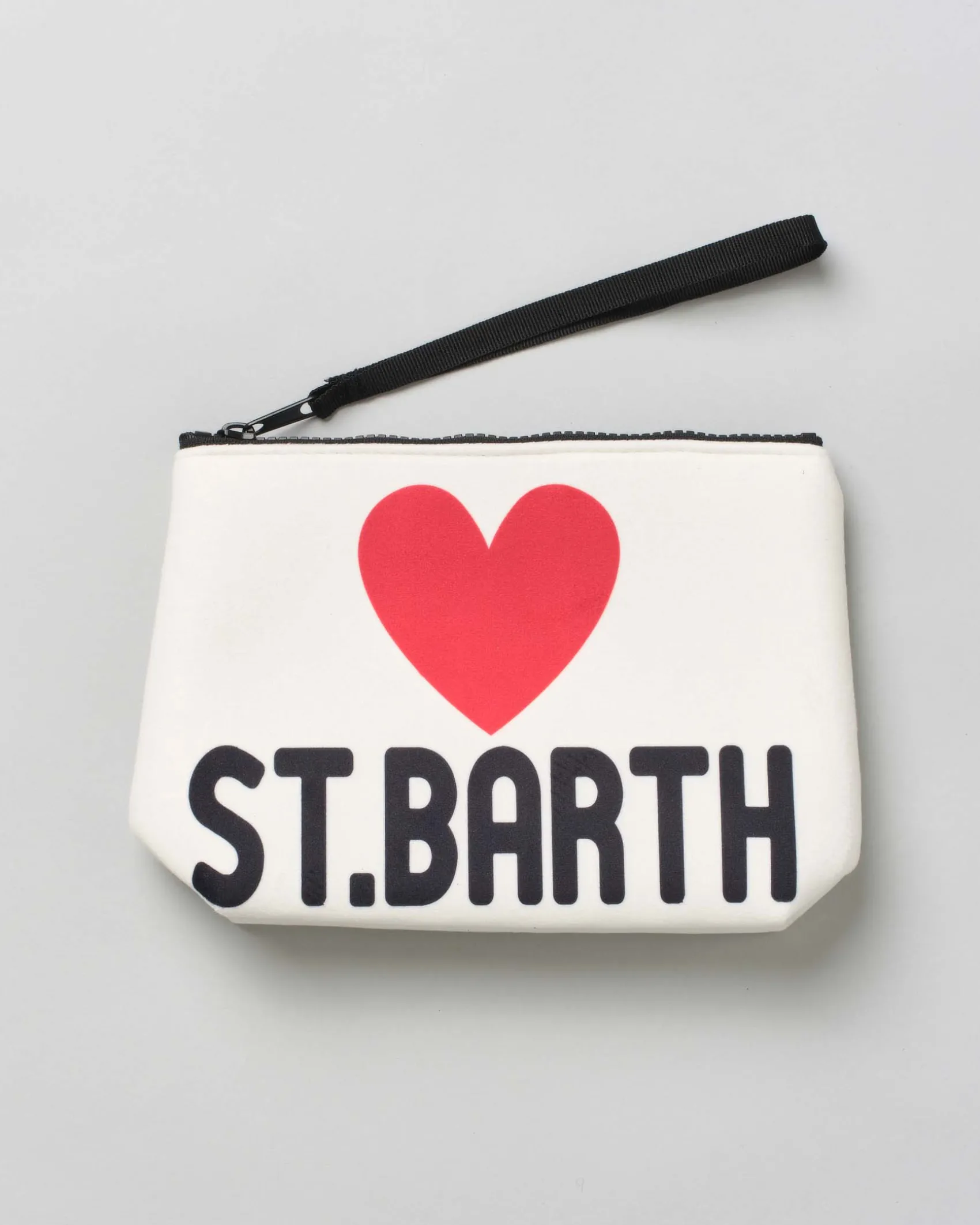 Pochette MC2 Saint Barth bianca effetto scuba con scritta St. Barth e cuore stampati