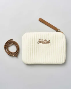 Pochette MC2 Saint Barth bianca in tessuto effetto lana tricot con scritta logo cuoio ricamata e doppio laccetto