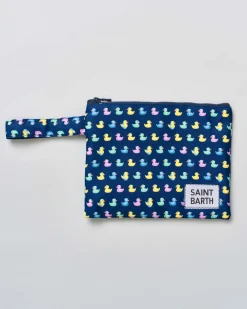 Pochette MC2 Saint Barth blu in tessuto con stampa paperelle multicolor