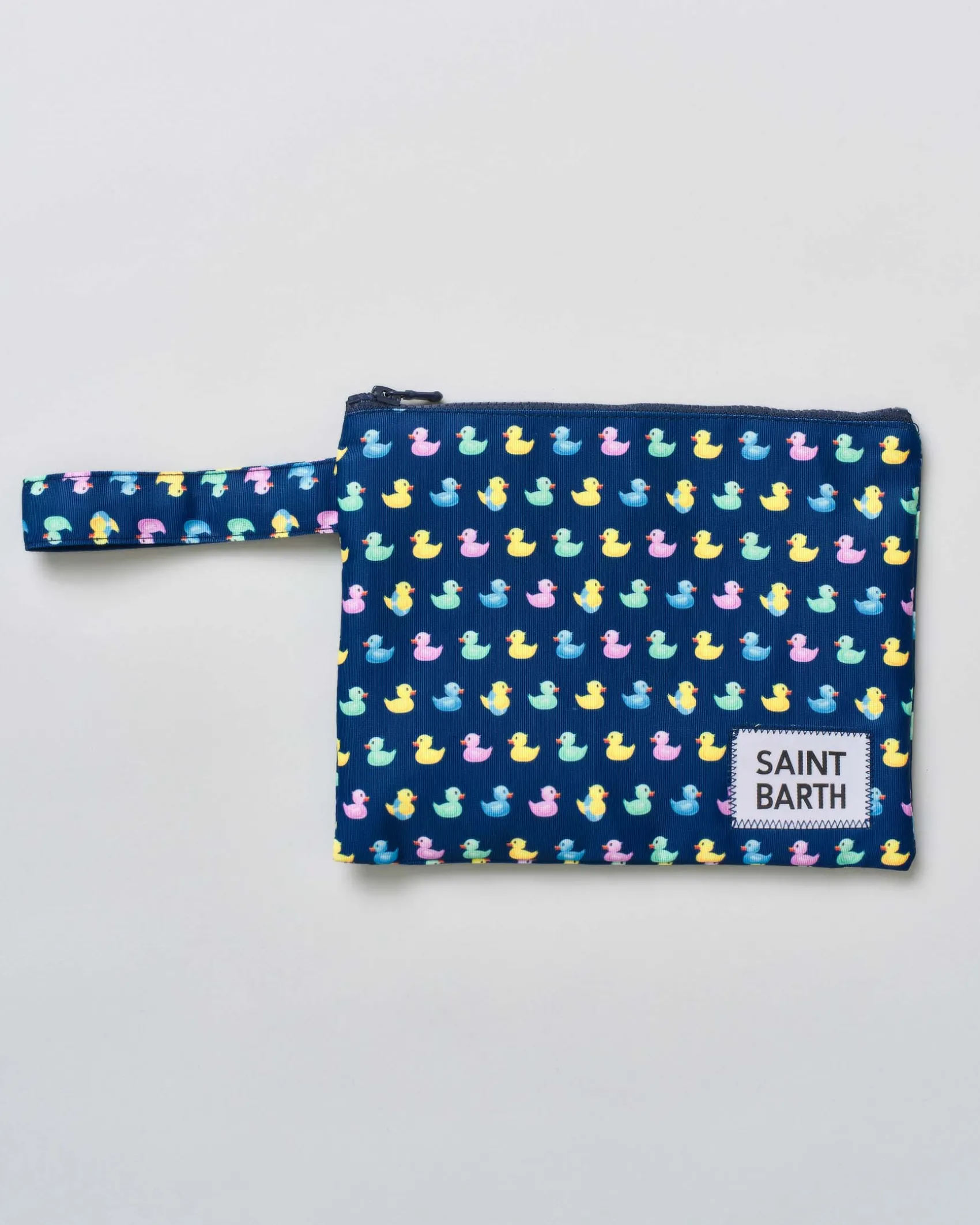 Pochette MC2 Saint Barth blu in tessuto con stampa paperelle multicolor