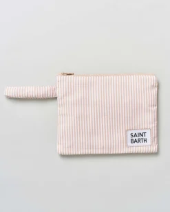 Pochette MC2 Saint Barth in cotone a righine bianche e beige