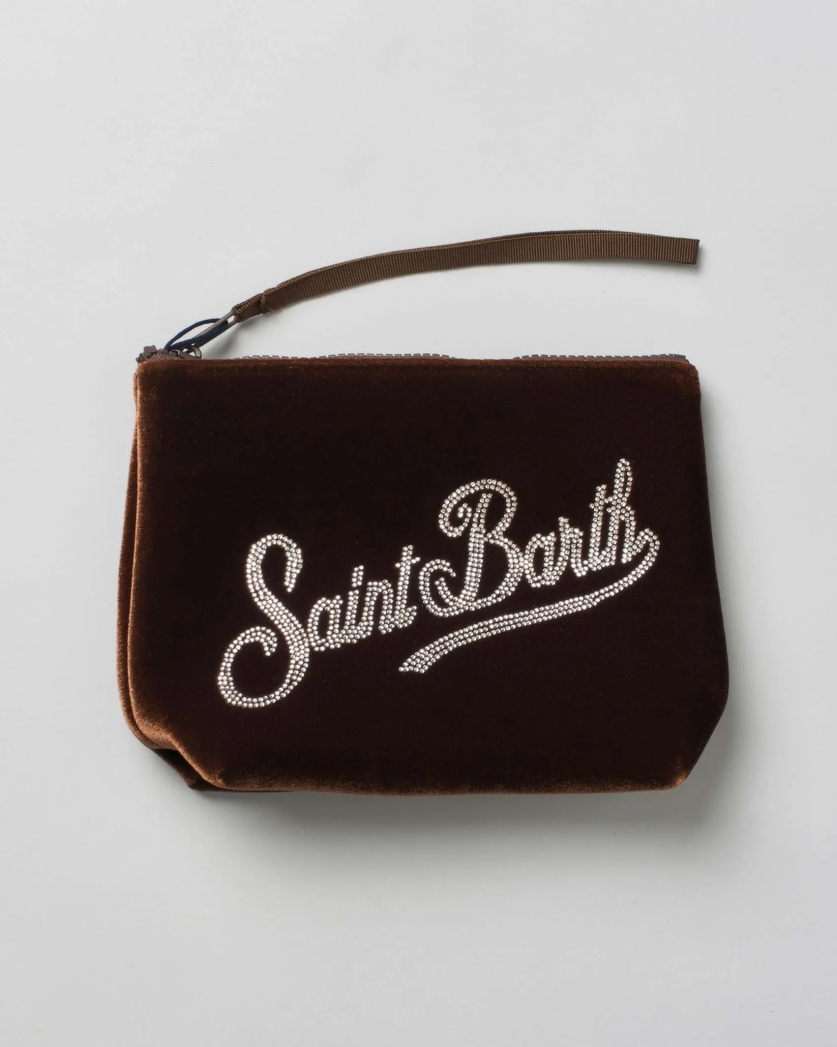 Pochette MC2 Saint Barth marrone in velluco con scritta logo in strass applicati