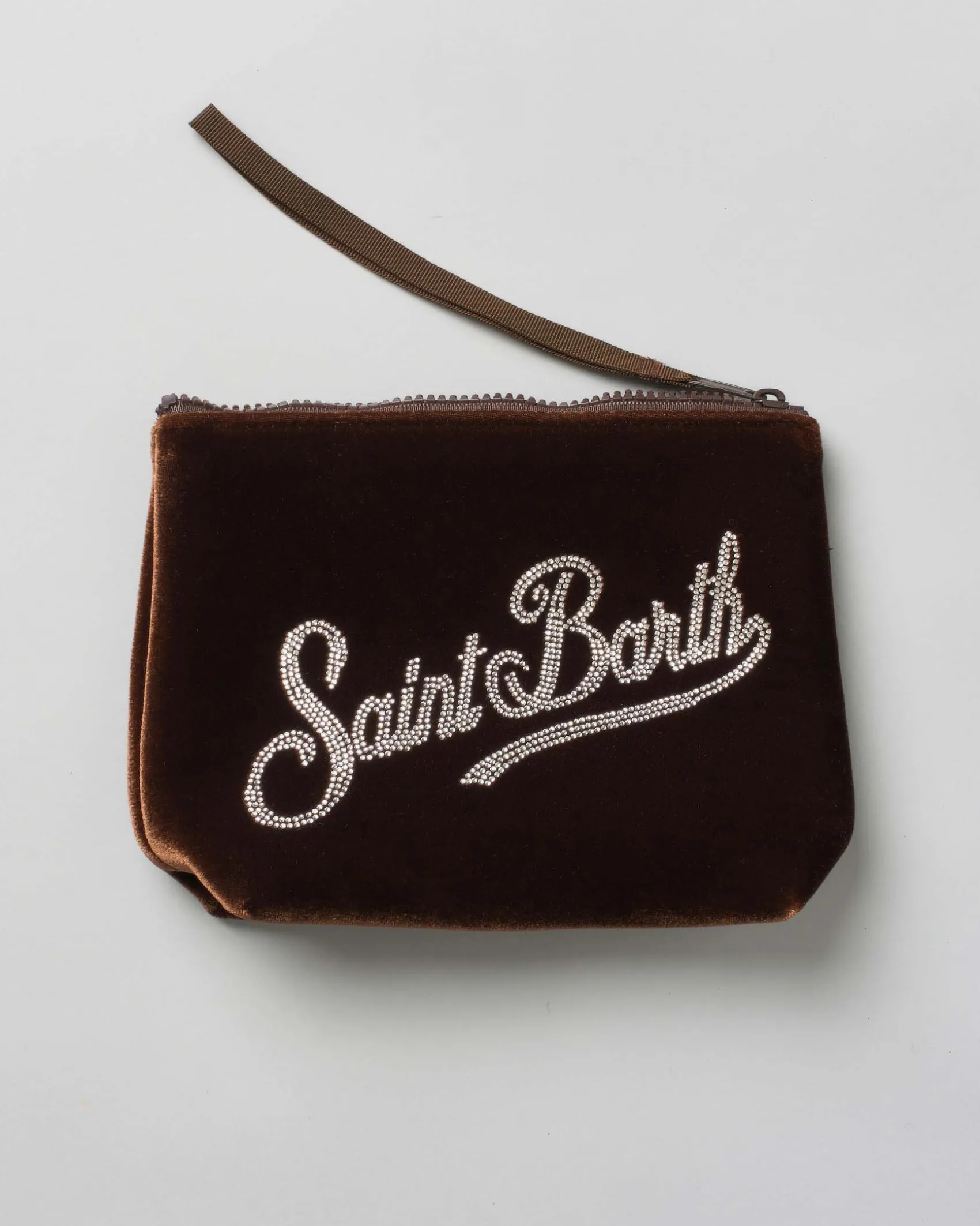 Pochette MC2 Saint Barth marrone in velluco con scritta logo in strass applicati
