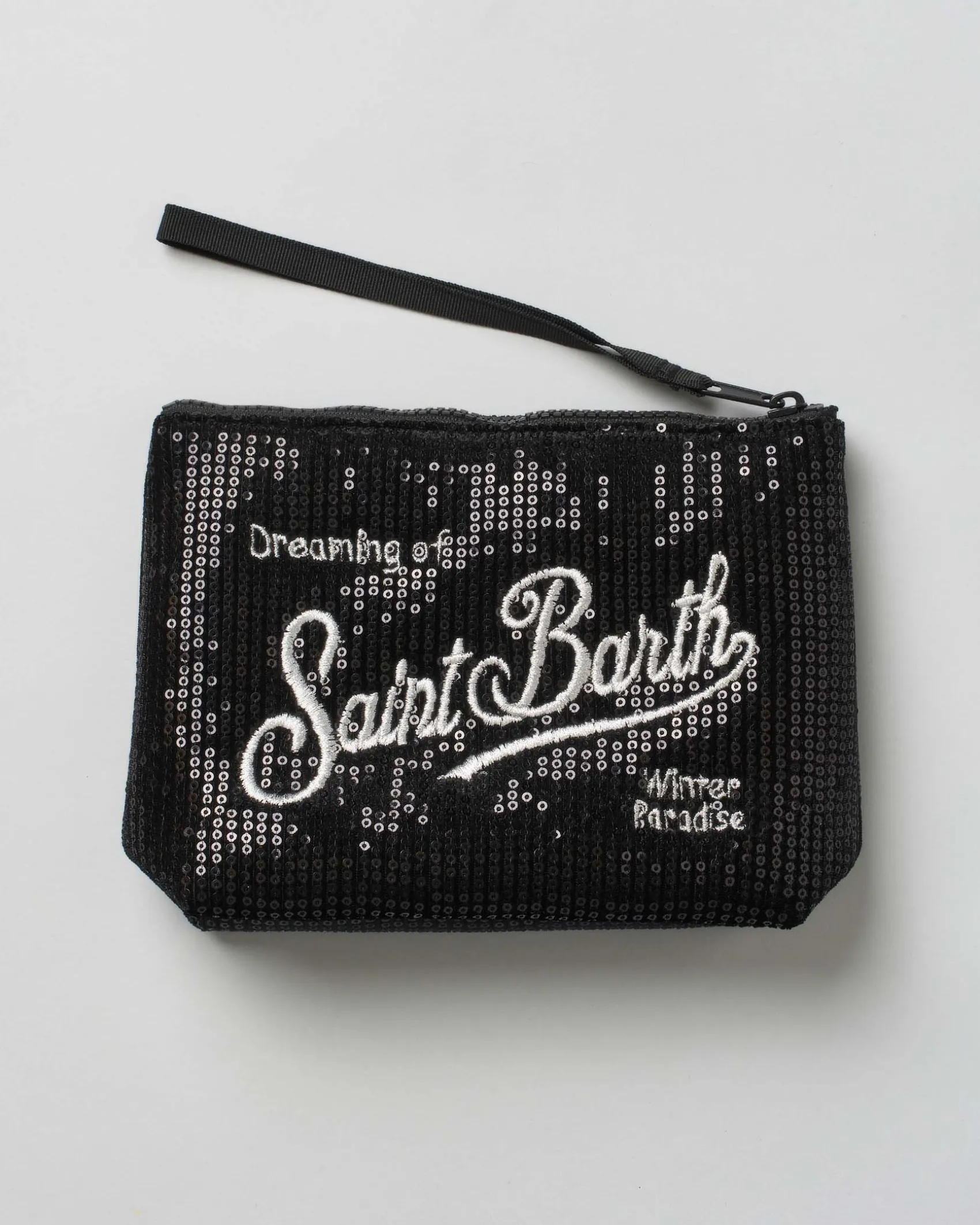 Pochette MC2 Saint Barth nera in paillettes all over con scritta logo ricamata a contrasto di colore