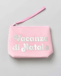 Pochette MC2 Saint Barth rosa in velluco con scritta Vacanze di Natale in glitter argento